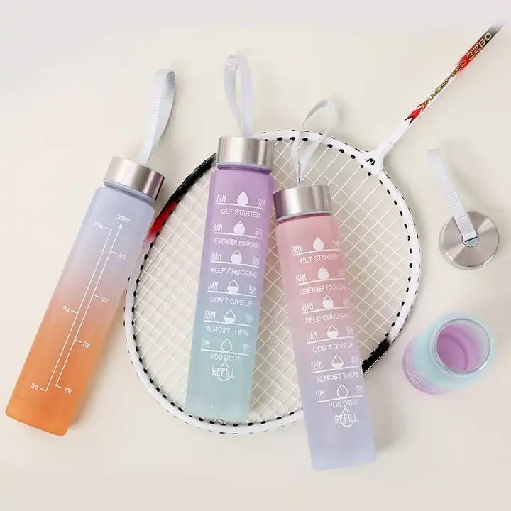 Sports Water Bottles 3 Pcs Set with Motivational Time Marker & Leak Proof Flip Top Lid (random color)