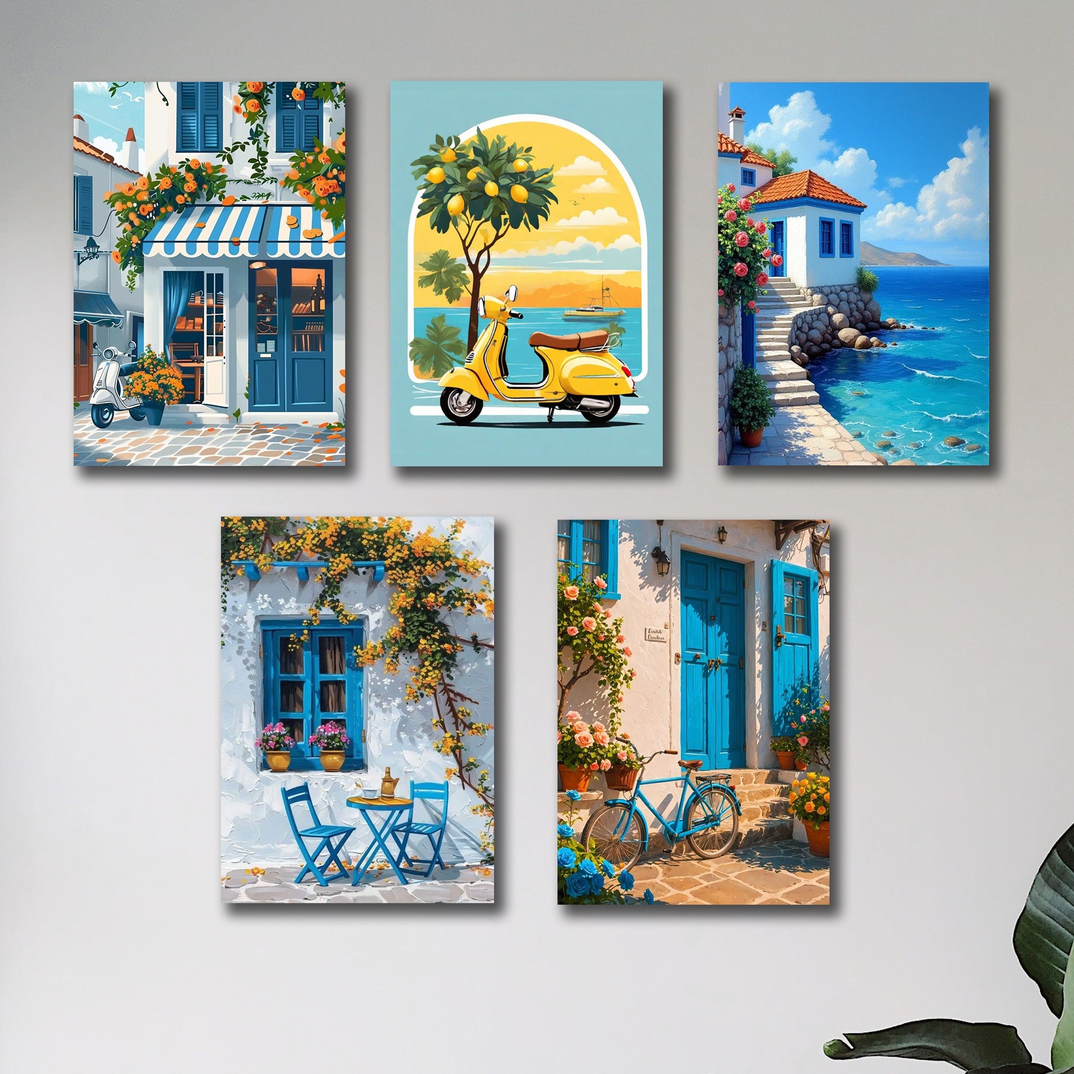 Set of 5 italian vintage homes art themed wall art wooden sticky Phototile frames for wall
