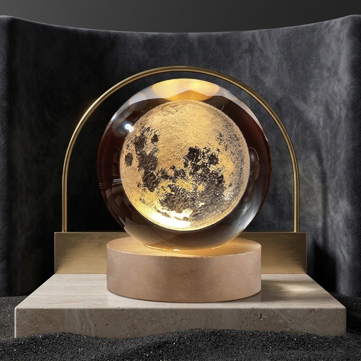 3D Crystal Ball Moon Night Light – Laser-Engraved Glass Sphere with Warm LED Wooden Base (Moon Shape Only)