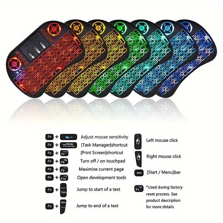 i8 2.4G Mini wireless keyboard with touchpad | 7-color Backlight ,plug and play | Super cool design | Perfect for Android TV Box, Smart TV, Projector, PS3